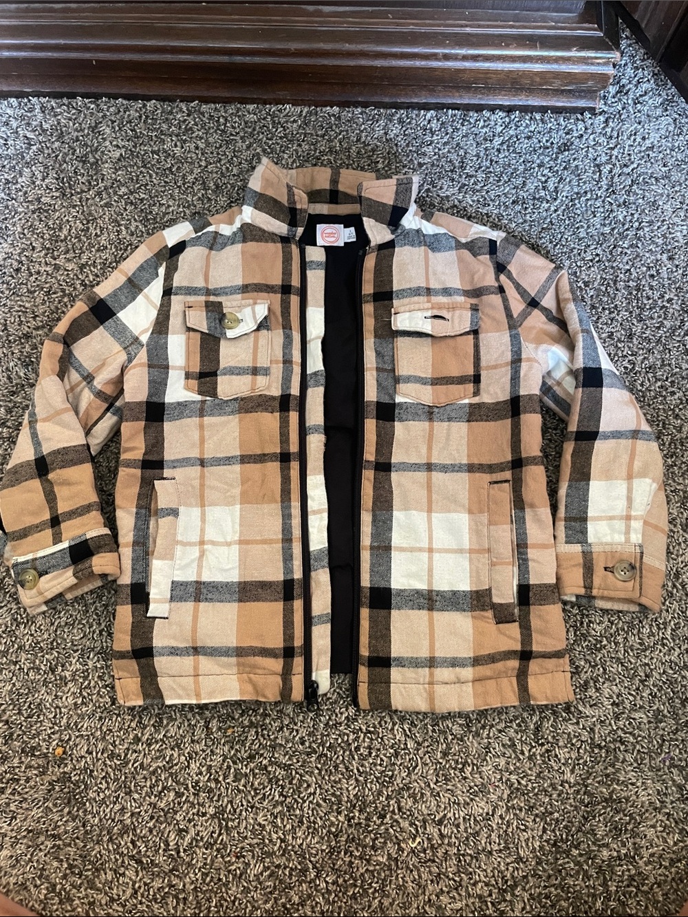 wonder nation Tan, Black & White Plaid Pea Coat for Kids